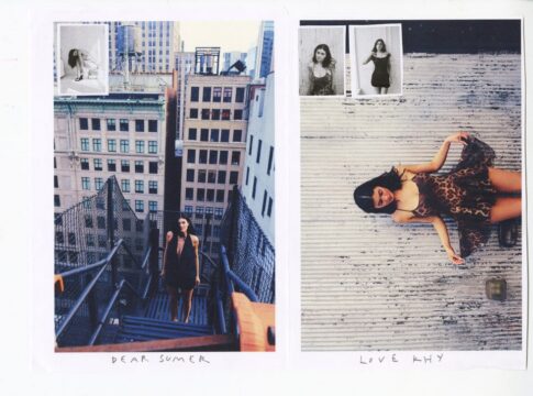 Two-panel photo collage: left panel shows a woman in a black dress standing on a blue fire-escape stairway amid city buildings; small Polaroid-style photos of two women at the top, with caption ‘DEAR SUMER’. Right panel features a woman in a leopard-print dress reclining on a weathered wooden surface, with two inset photos above and caption ‘LOVE KHY’.