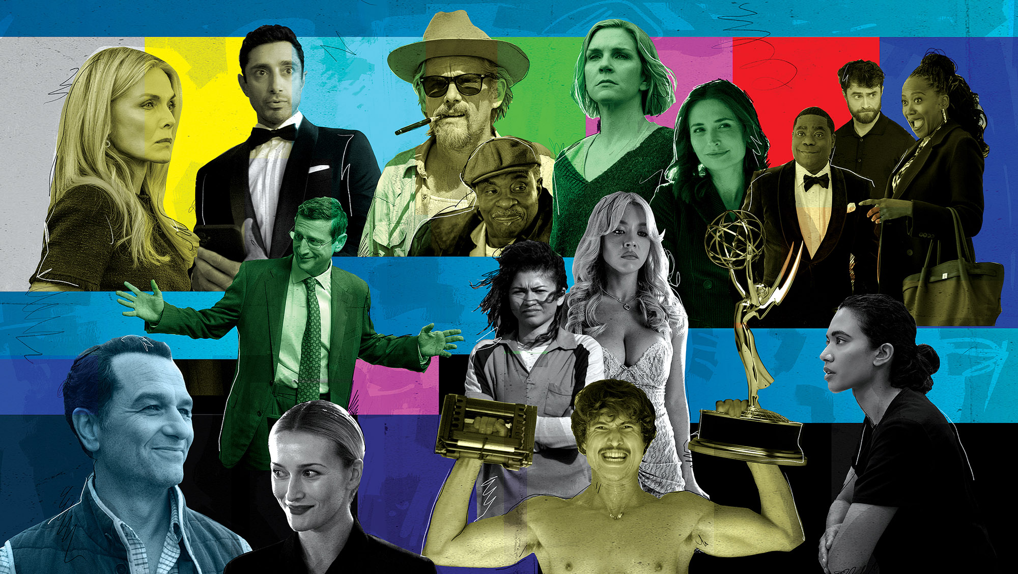 Collage of diverse professionals in bold color blocks, featuring businesspeople, artists, and media figures with props and confident expressions.