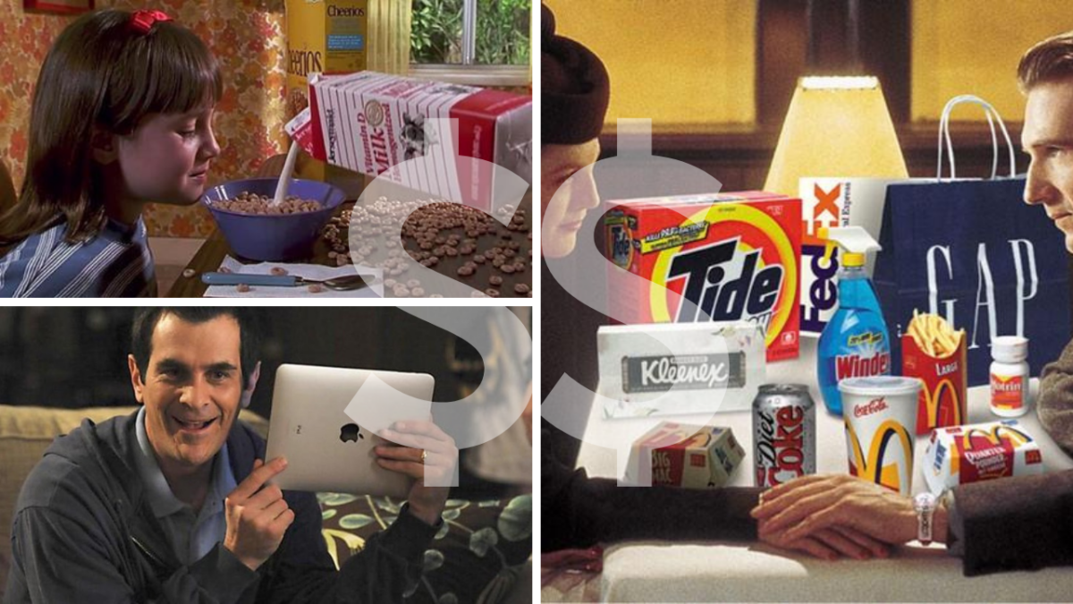 Collage showing: a girl at breakfast with cereal bowl, milk and cereal boxes; a man smiling while using a tablet; a table full of groceries and brand packaging; two people clasping hands in front of fast-food items in the background.