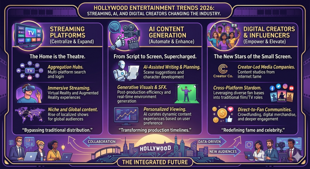 Infographic titled Hollywood Entertainment Trends 2026 illustrating three trends: streaming platforms, AI-powered content generation, and digital creators/influencers with example ideas.
