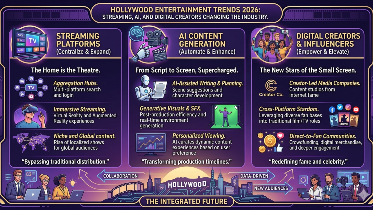 Infographic titled Hollywood Entertainment Trends 2026 illustrating three trends: streaming platforms, AI-powered content generation, and digital creators/influencers with example ideas.
