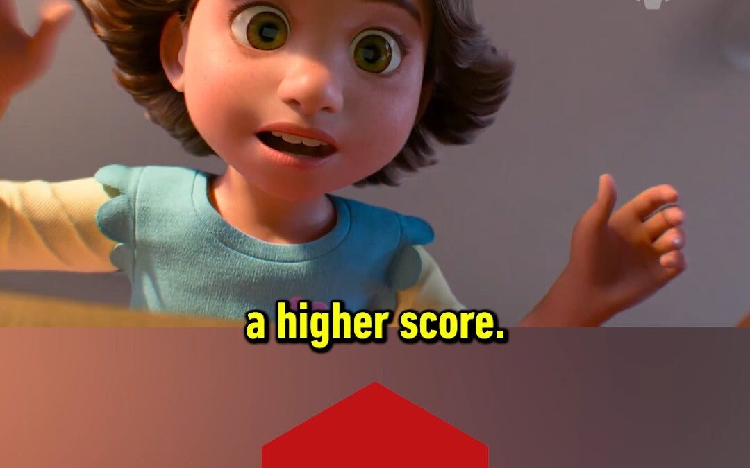 Thumbnail for a Toy Story 5 review featuring a surprised animated girl, the caption “a higher score,” a large red seven in a hexagon, and a “GOOD” badge.
