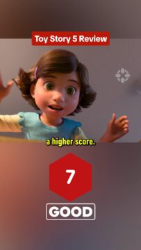Thumbnail for a Toy Story 5 review featuring a surprised animated girl, the caption “a higher score,” a large red seven in a hexagon, and a “GOOD” badge.