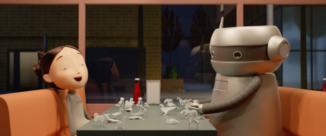Cartoon girl and a friendly robot sit at a table in a cozy cafe, smiling at each other as they fold paper origami on the tabletop.