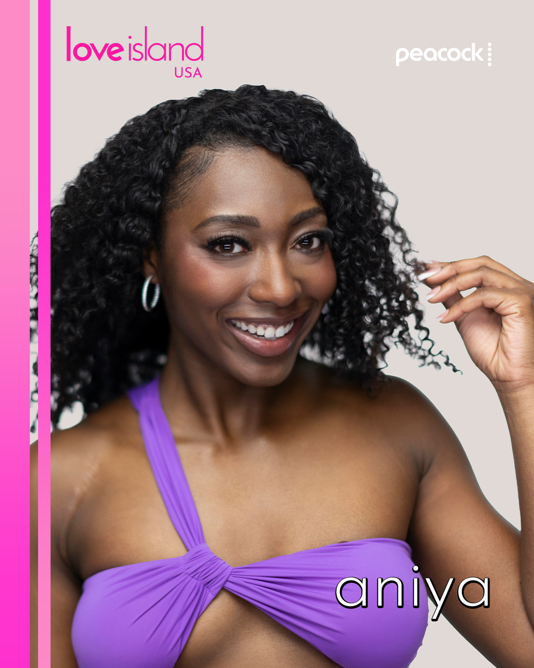Portrait of Aniya, a Love Island USA contestant, smiling in a purple bikini with branding at top (Love Island USA, Peacock) in the background.