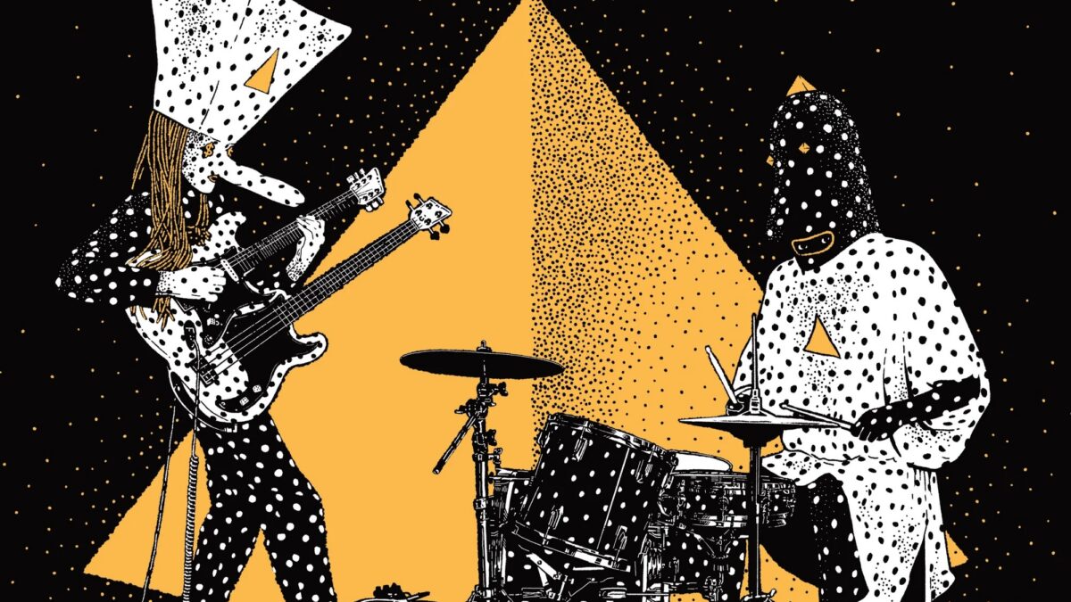 Poster-style illustration of a three-member rock band performing: two guitarists and a drummer, set against a black dotted background with orange triangles and shapes.