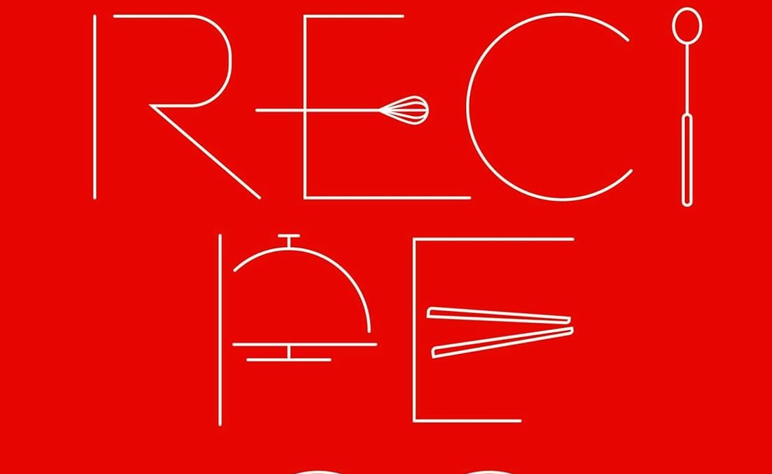 Red cookbook cover with white minimalist line typography and kitchen utensil motifs, including a whisk and fork, suggesting a recipe book.