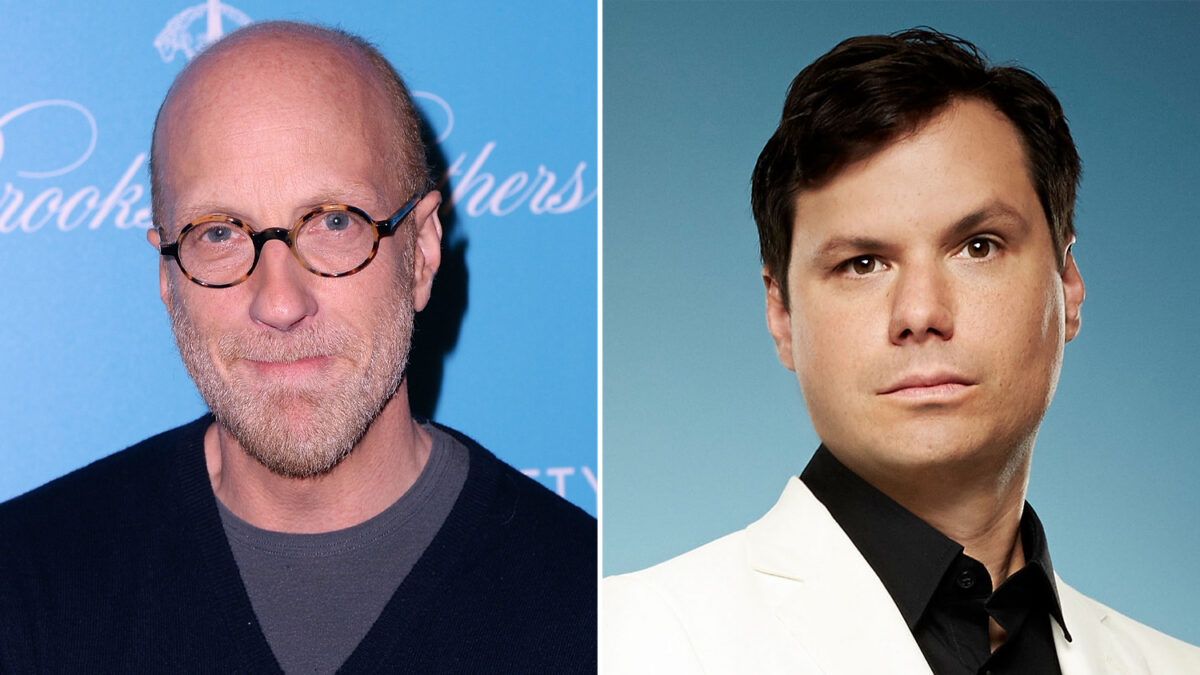 Two men shown in a split-image: left is an older man with round glasses and a gray beard, blue background; right is a younger man in a white jacket against a blue gradient backdrop.