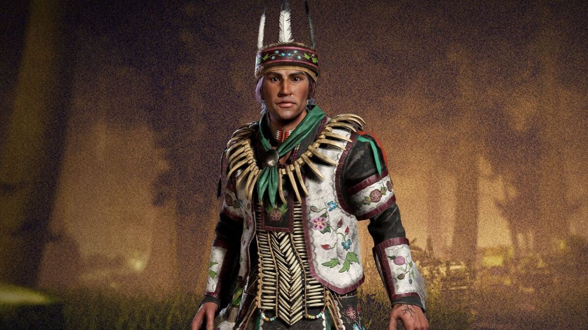Man in ceremonial Native American-inspired armor with a feathered headdress, white embroidered tunic, and green scarf amid a smoky background.