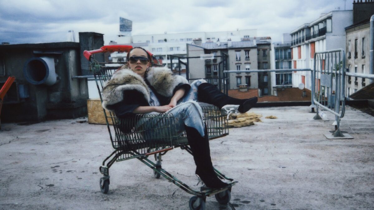 Person wearing a fur coat and sunglasses lounging in a shopping cart on a rooftop with city buildings in the background.