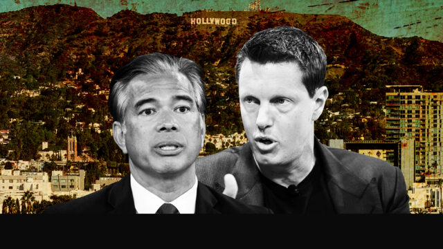 Two men in suits speaking passionately in a collage-style background showing the Hollywood Hills and cityscape, with a black bar at the bottom.