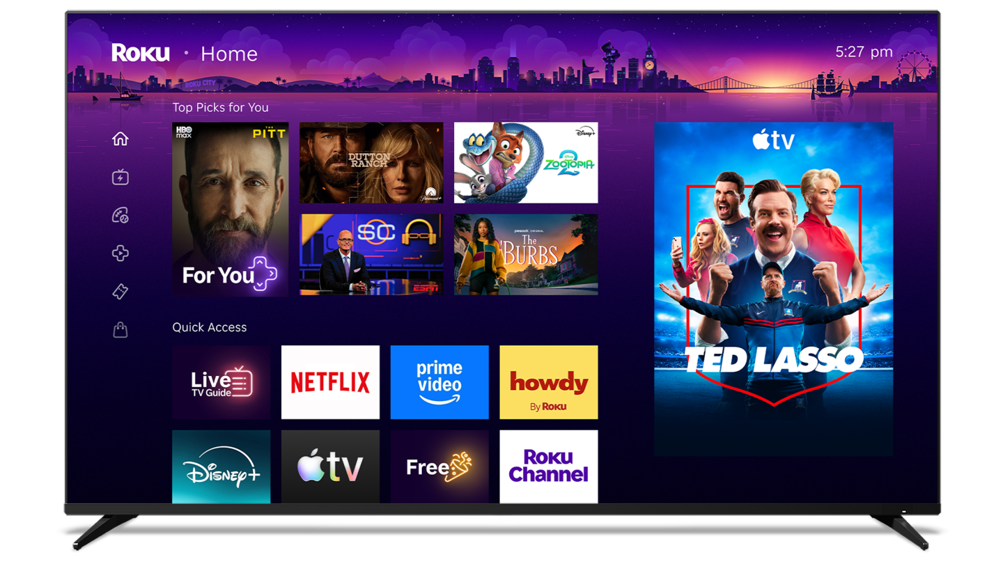 Roku Home screen with a purple banner, left icons, Top Picks grid, and a large Ted Lasso poster on the right side.