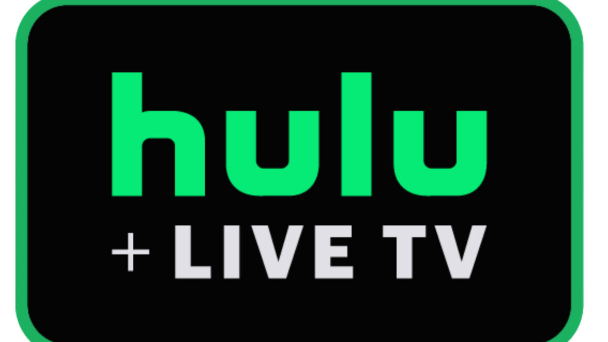 Hulu logo: lime-green 'hulu' on a black rounded square with a green border and '+ LIVE TV' below.