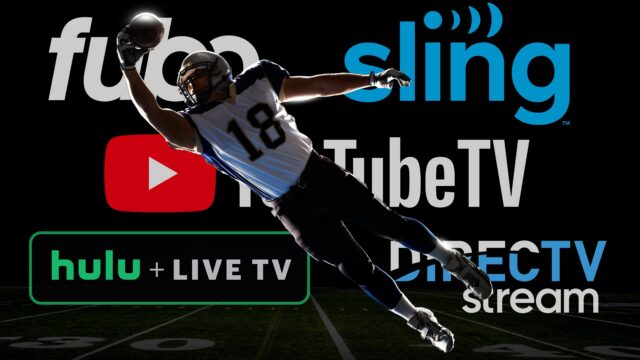 Athlete in a football uniform leaps across a collage of streaming logos (YouTube, Hulu, Sling TV) on a black background.