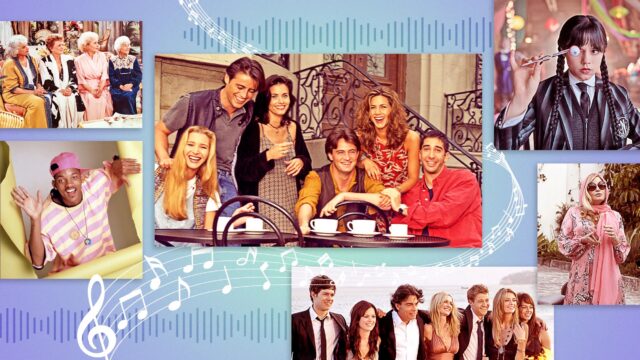 Collage of smiling friends at a lively gathering, posing on stairs, in a sunny outdoor setting and indoors, with musical notes decor in the background.