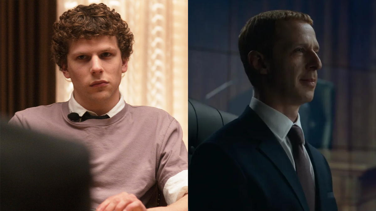 Two men shown side by side: left, a young man with curly brown hair in a lavender T‑shirt seated at a table; right, a man in a dark suit and tie seen in profile inside an office.