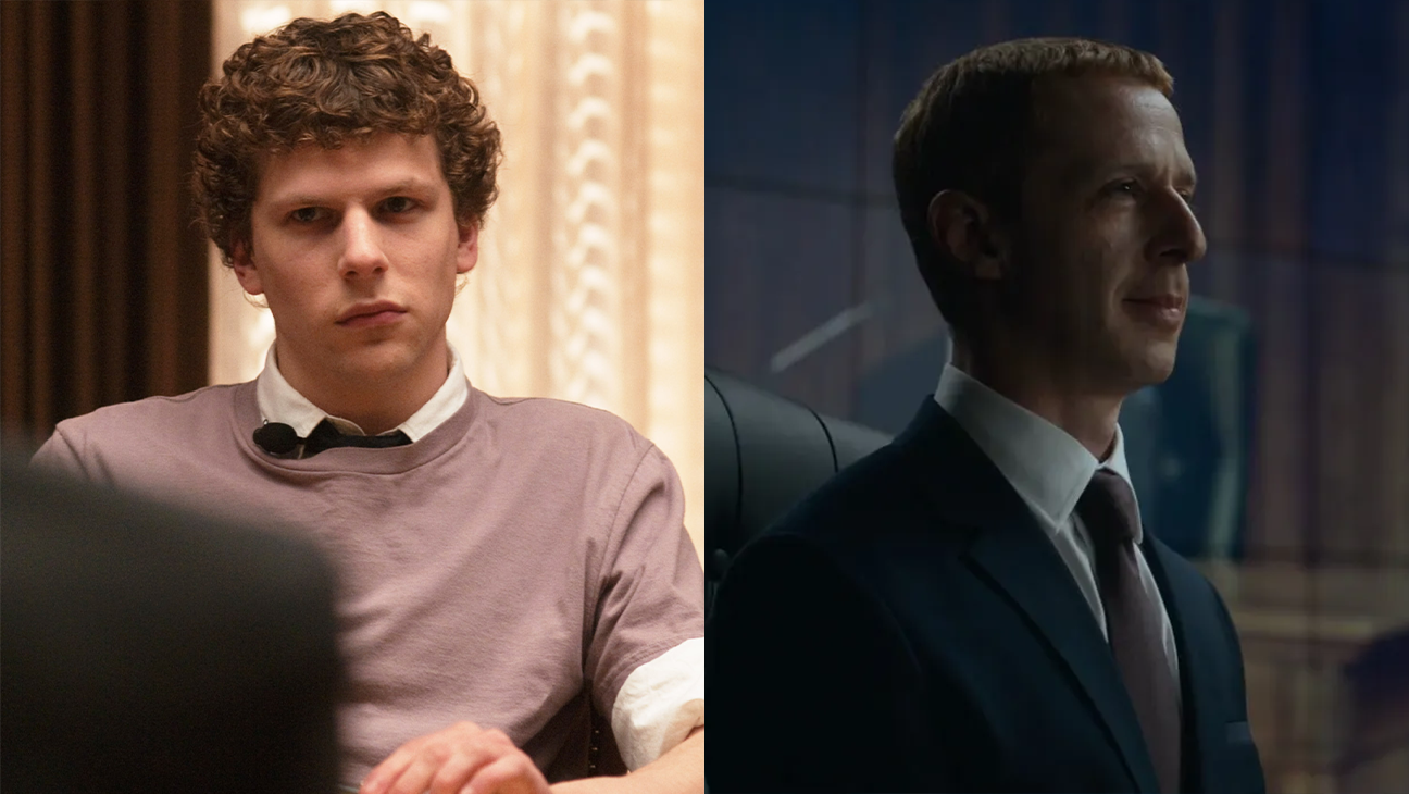 Two men shown side by side: left, a young man with curly brown hair in a lavender T‑shirt seated at a table; right, a man in a dark suit and tie seen in profile inside an office.