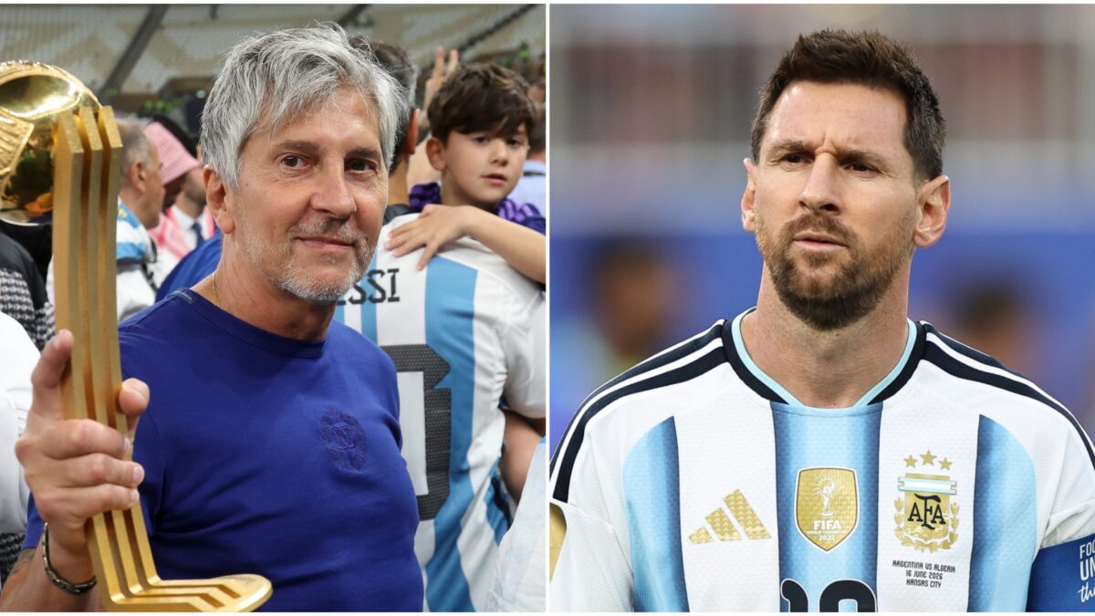 Two-panel image: left shows a man in a blue shirt holding a tall golden trophy, right shows Lionel Messi in an Argentina national team jersey.