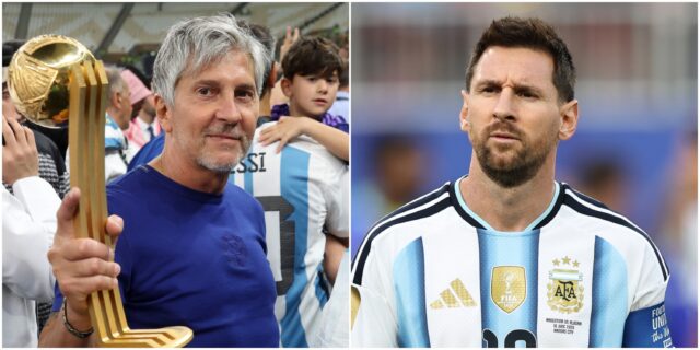Two-panel image: left shows a man in a blue shirt holding a tall golden trophy, right shows Lionel Messi in an Argentina national team jersey.