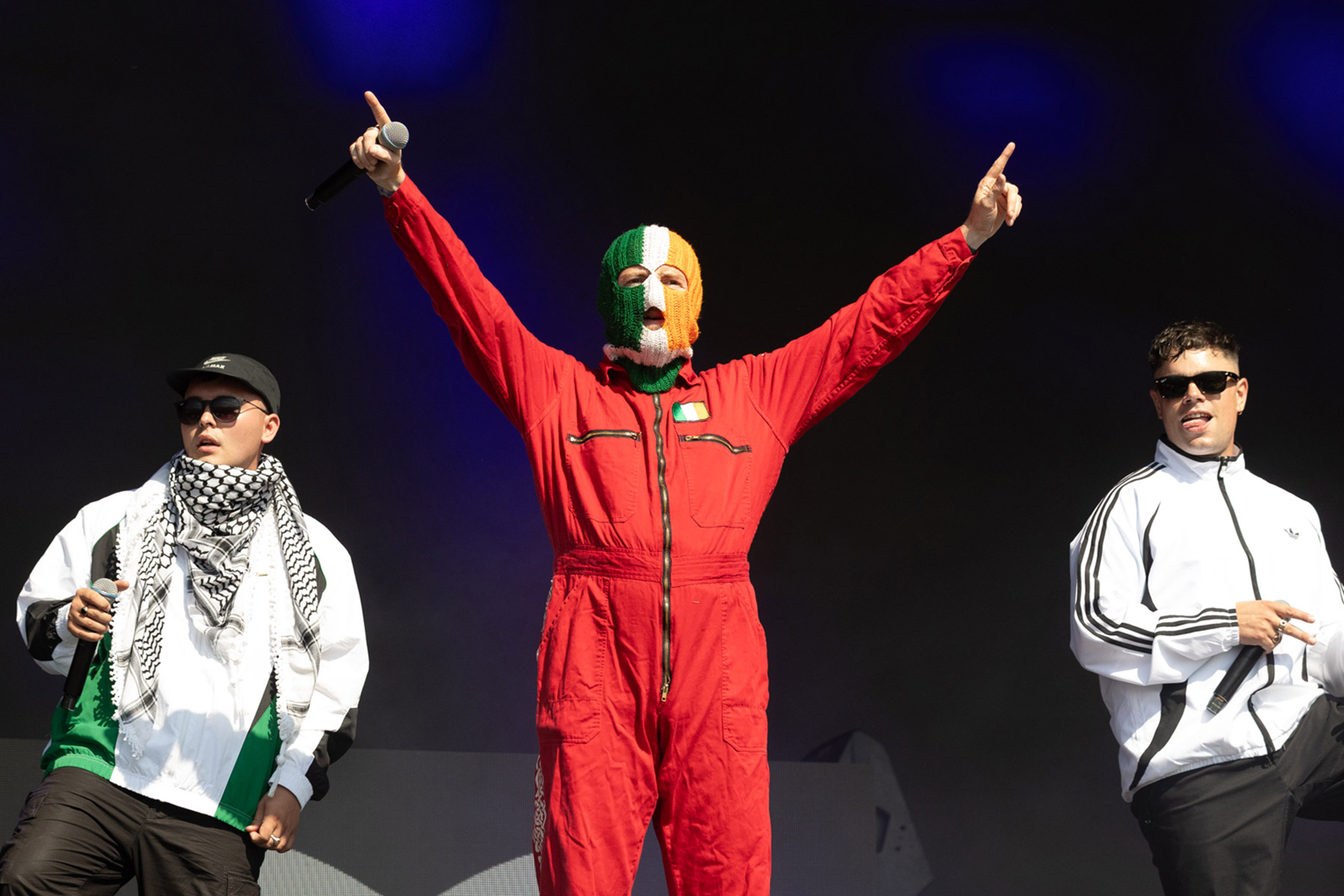 Mo Chara, DJ Provaí and Móglaí Bap of Kneecap performs on the West Holts Stage during during day four of Glastonbury Festival 2025 at Worthy Farm, Pilton on June 28, 2025 in Glastonbury, England.