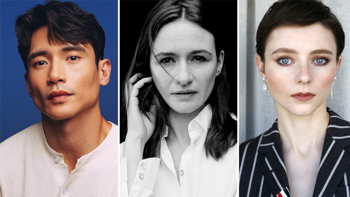 Portrait collage of three people: left a man with a blue background, center a black-and-white close-up of a woman, right a woman in a striped blazer with light makeup.