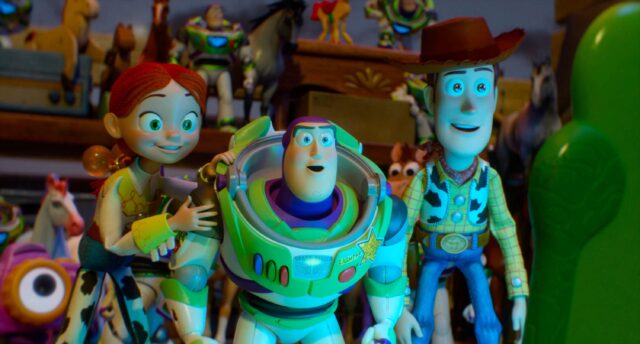 Buzz Lightyear surrounded by Woody and Jessie in a colorful toy display scene