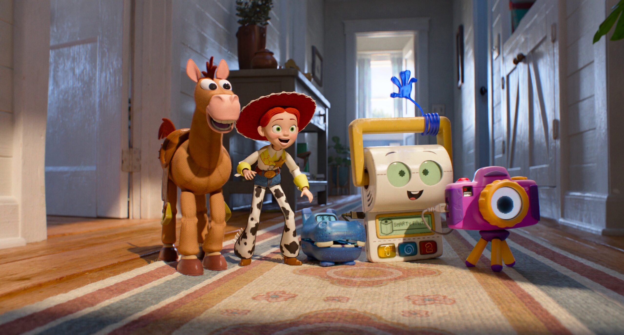 TOY STORY 5, from left: Bullseye (Alan Cumming), Jessie (voice: Joan Cusack), Atlas (voice: Craig Robinson), Smarty Pants (voice: Conan O'Brien), Snappy (voice: Shelby Rabara) 2026. © Walt Disney Studios Motion Pictures / Courtesy Everett Collection