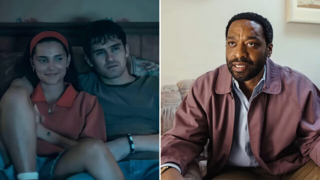 Two-panel scene: left shows a smiling woman with a red headband and red polo sitting close to a man on a couch in a dim blue-lit room; right shows a Black man with short hair and a beard, wearing a mauve jacket over a light shirt, seated on a couch in a bright living room and talking.