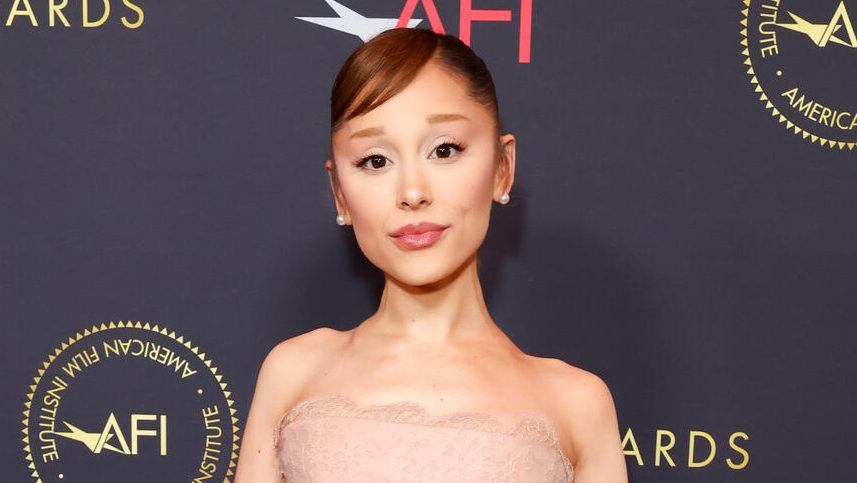 Woman on a red carpet wearing a strapless pale pink lace dress, her hair in an updo, posing in front of an AFI backdrop with logos.