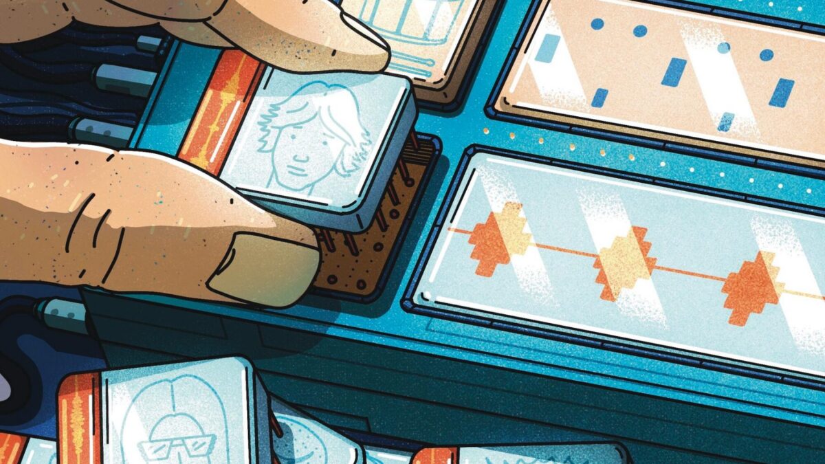 Close-up of a hand pressing a button on a futuristic control panel with multiple screens displaying avatars and graphs.