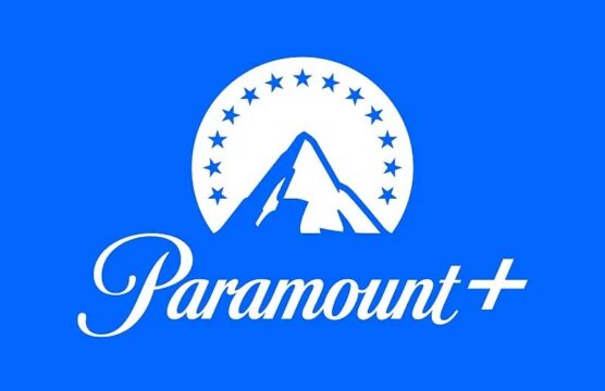 Paramount+ logo on a blue background featuring a white mountain peak inside a circle of stars and the 'Paramount+' wordmark below.