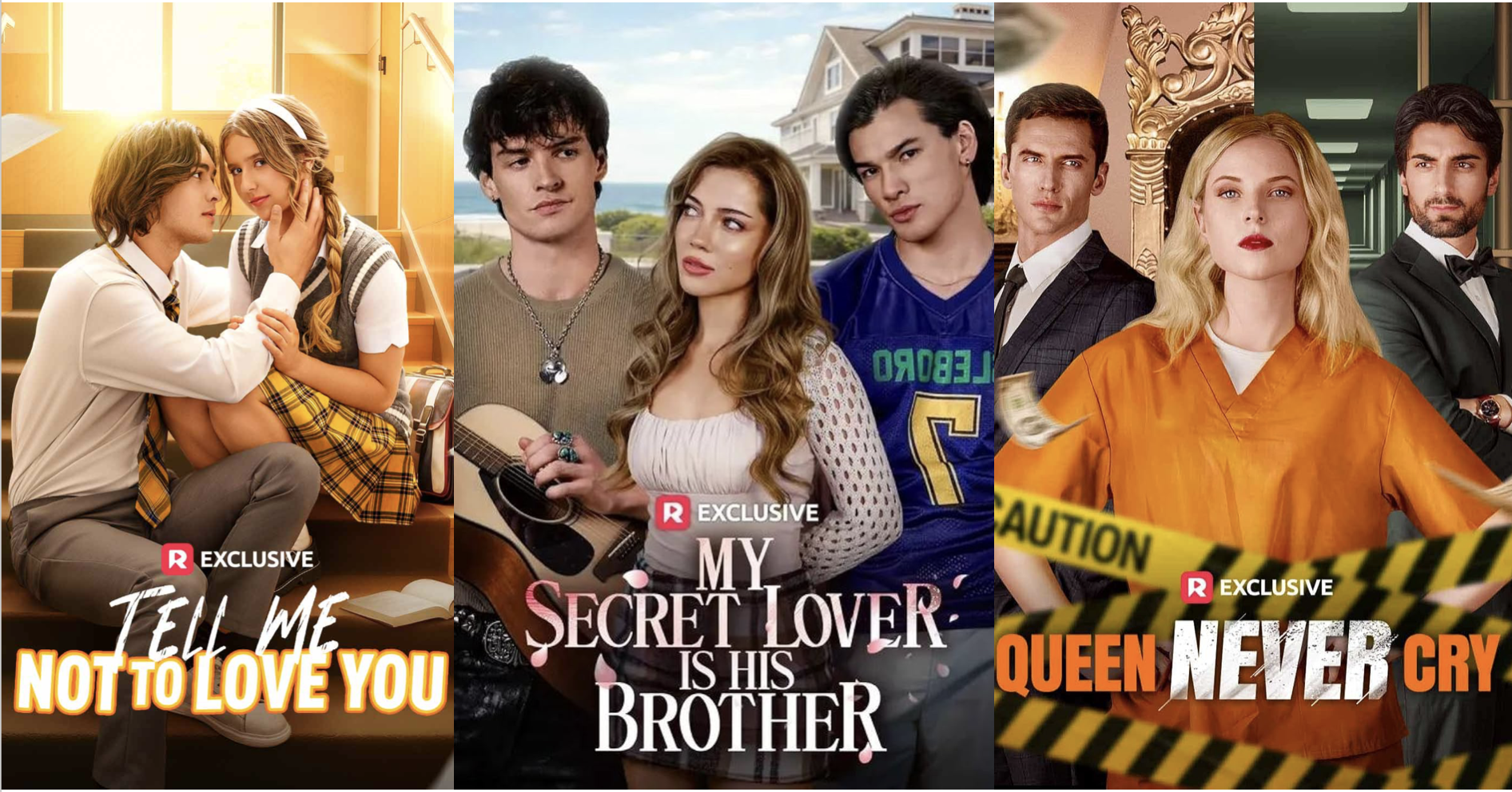 Collage of three “R Exclusive” romance movie posters showing young couples in different settings (school hallway, beach/garden, and dramatic room).