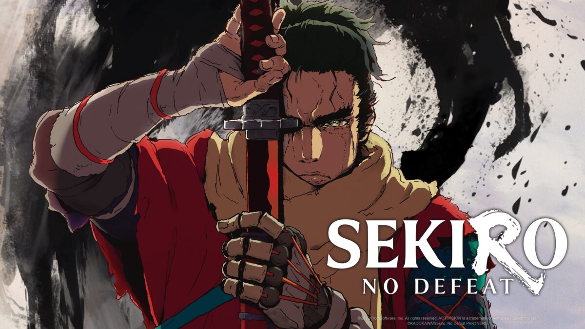 Stylized anime-style poster of a muscular man with green hair and red clothing, gripping a sword to his forehead in a dramatic pose.
