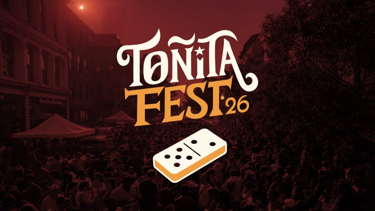 Event banner for Tonita Fest 26 featuring bold stylized typography and a domino tile over a packed street festival crowd scene.