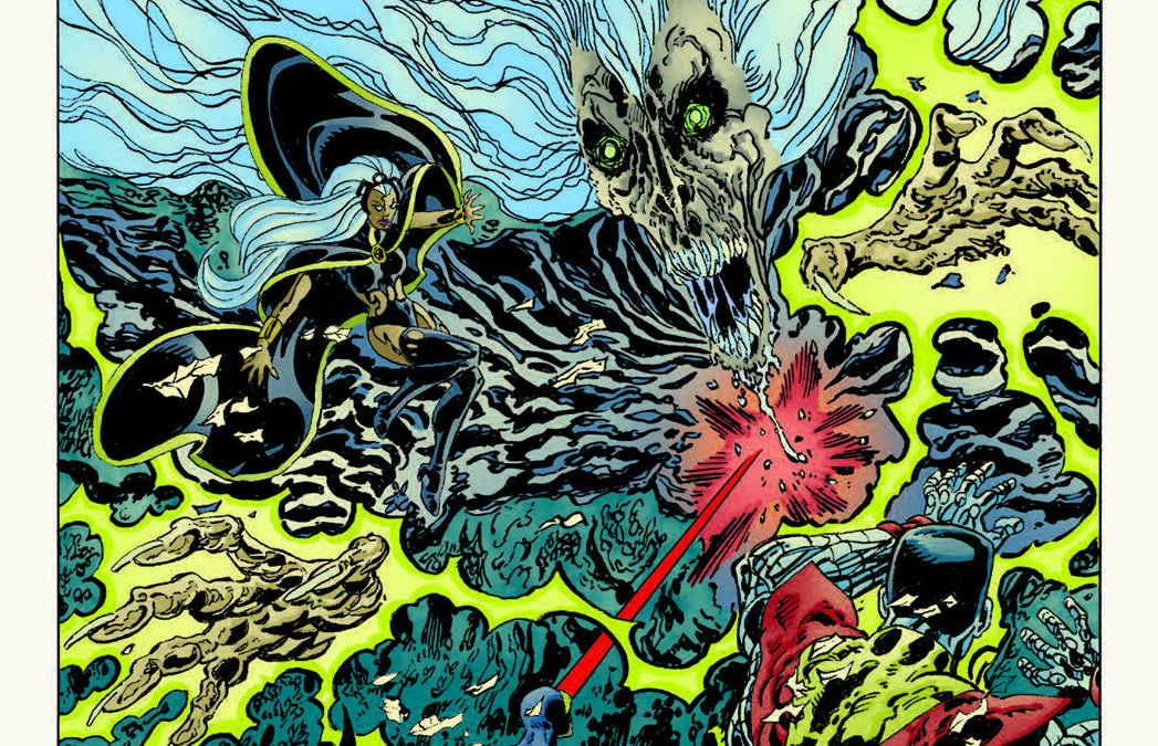 Comic book cover: two heroes battle a skeletal, smoky monster amid bright lime-green energy.
