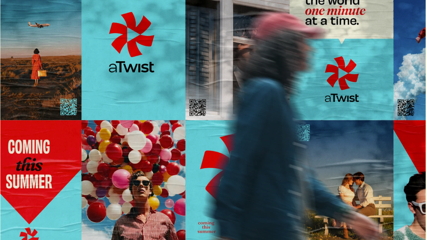 Colorful collage poster wall with aTwist logos, balloons, a couple on a bench, and blurred pedestrians; text reads Coming this Summer.