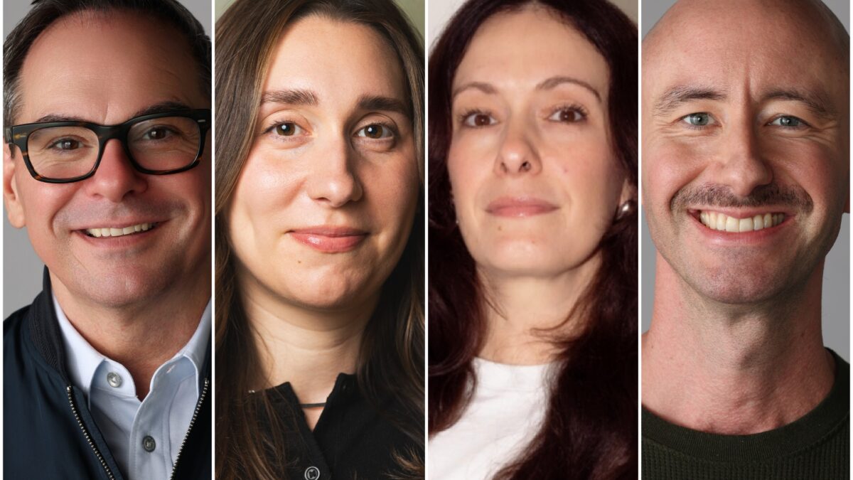 Collage of four close-up portraits of smiling adults: man with glasses, two women, and a man with stubble.