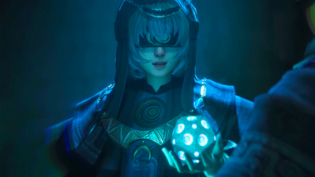Hooded figure in blue futuristic robes wears a visor and holds a glowing blue orb close to their chest, casting neon light s over the scene.