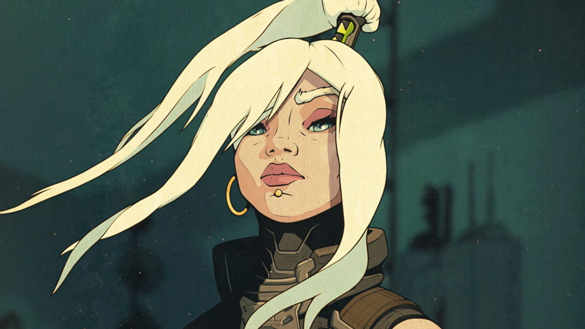 Illustrated woman with long blonde hair and hoop earring, raising a knife in a combat pose against a dark teal background.
