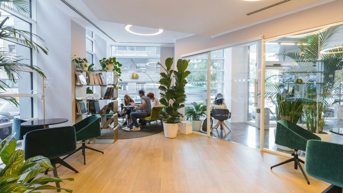 Bright open-plan coworking space with large windows, green plants, and a small group working at a table near a bookshelf.