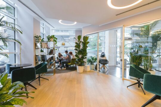 Bright open-plan coworking space with large windows, green plants, and a small group working at a table near a bookshelf.