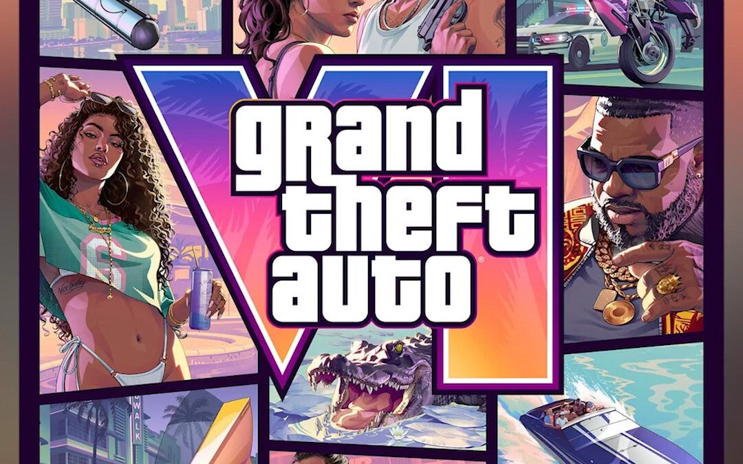 Montage titled Evolution of GTA cover art showing multiple GTA-style panels and logo, with sunset gradient background and city imagery.