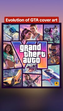 Montage titled Evolution of GTA cover art showing multiple GTA-style panels and logo, with sunset gradient background and city imagery.