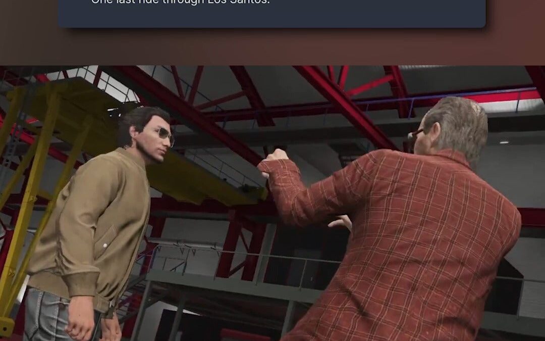 Banner headline about GTA 5 free PS4/Xbox One upgrades, with a warehouse gameplay scene beneath.