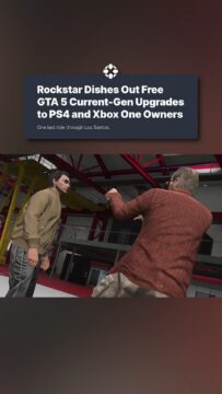 Banner headline about GTA 5 free PS4/Xbox One upgrades, with a warehouse gameplay scene beneath.