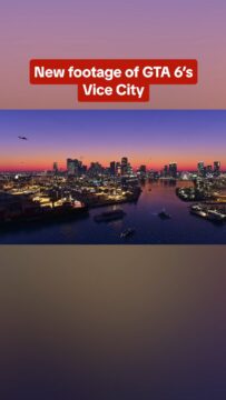 Thumbnail announcing new GTA 6 Vice City footage over a sunset city skyline by the harbor.