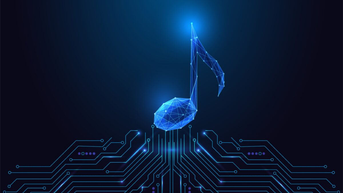 Blue glowing polygonal crane rising above a circuit board pattern.
