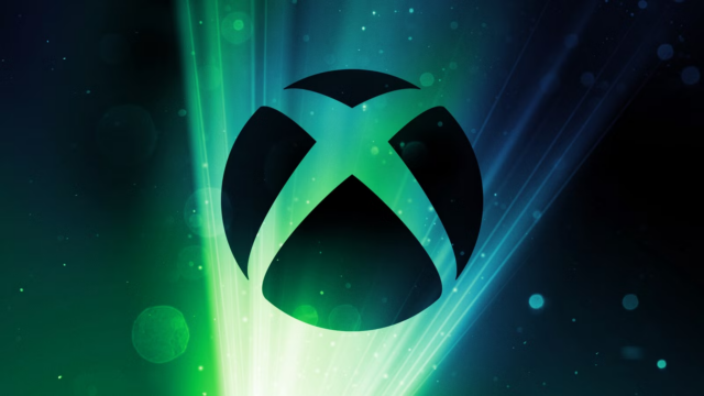 Xbox logo centered on a neon green and blue abstract background with light streaks and bokeh elements