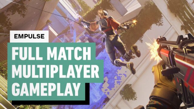 First-person shooter battle in a futuristic urban arena; a player jumps mid-air as a gun fires, with bold text reading 'FULL MATCH MULTIPLAYER GAMEPLAY'.