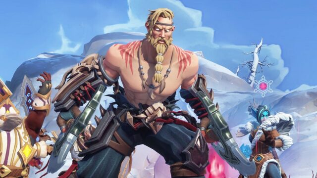 Muscular bearded warrior with braided blonde hair and dual oversized blades charges forward in a snowy fantasy battlefield.